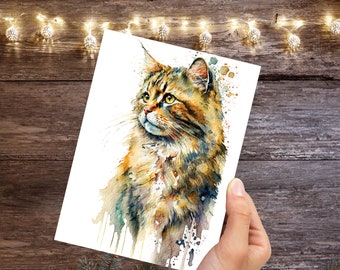 Tarjeta de gato en acuarela, adorable pintura de acuarela, loca de los gatos, amantes de los gatos, arte desordenado, tarjetas de felicitación de cumpleaños para su madre, esposa, hermana