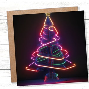 Biglietto di Natale al neon Albero anni '80 Luci luminose Tubo di illuminazione Y2K Colori vivaci Colorato insolito Divertimento moderno Biglietti per famiglia Amici Natale 2025