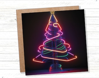 Árbol de Navidad de neón con luces brillantes de los años 80, iluminación de tubo Y2K, colores brillantes, tarjetas modernas, divertidas, inusuales y coloridas para familiares y amigos en Navidad 2025.