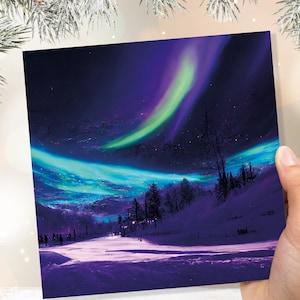 Carte de peinture d'aurores boréales scène de neige vert violet aurore boréale ciel polaire nuit d'hiver cartes pour famille amis Noël 2025 Merci