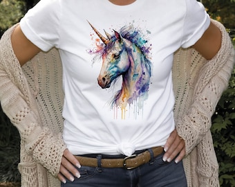 Watercolour Unicorn T-Shirt Mystical Loose Messy Painting Colourful Pastel Rainbow Art Magical Mythical Tee Shirt for Women Gifts for Her