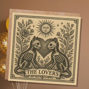 Lovers Tarot Skeleton Cat Card | Gothic Witchy Anniversary Valentine Gift | Dark Romance Art | Unique Macabre Love Illustration Witchcore image 4
