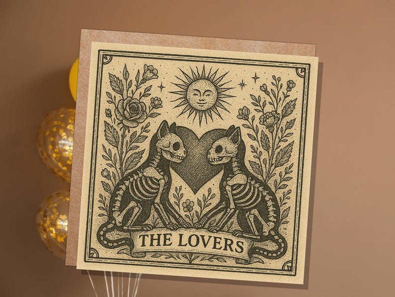 Lovers Tarot Skeleton Cat Card | Gothic Witchy Anniversary Valentine Gift | Dark Romance Art | Unique Macabre Love Illustration Witchcore image 4