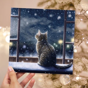 Cat Christmas Card Cute Kitten Watching Snow Fall Tabby Snowy Window Winter Night Scene Falling Whimsical Greetings Family Friends Xmas 2023 image 3