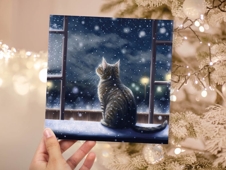 Cat Christmas Card Cute Kitten Watching Snow Fall Tabby Snowy Window Winter Night Scene Falling Whimsical Greetings Family Friends Xmas 2023 image 3