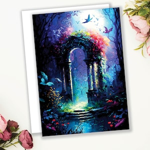 Carte de voeux Jardin de fées secret Conte de fées enchanteur et magique Nuits d'été Rêve Porte enchantée Nouvelles cartes Aventure Notes d'été
