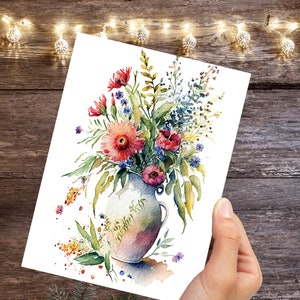 Whimsical Flowers in Vase Greeting Card Watercolour Painting Botanical Flower Note Cards Thank You Any Occasion Florist Romantic Wife Floral
