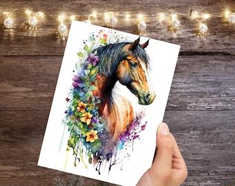 Horse With Flowers Card Watercolour Painting Beautiful Equestrian Themed Sorrel Brown Pony Horsey Lovers Greeting Cards for Friends & Family