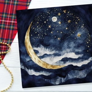 May include: A watercolour painting of a crescent moon with gold accents against a dark blue night sky with white clouds and gold stars.