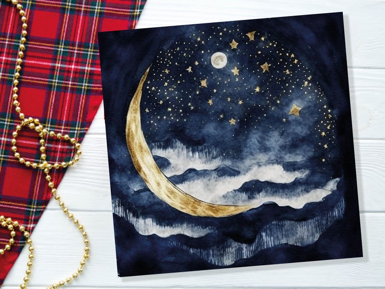 May include: A watercolour painting of a crescent moon with gold accents against a dark blue night sky with white clouds and gold stars.