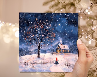 May include: A square painting depicts a winter scene with a snow-covered landscape under a starry night sky. A house with lit windows and a tree adorned with lights are visible. A person in a red hood stands on a path.