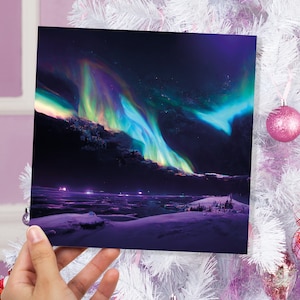 Cartões Mágicos de Saudação Aurora Boreal Cartão Arco-íris Aurora Boreal Paisagem Brilhante Cenário Nevado Lago Água Para Família Amigos Natal 2025