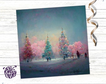 Biglietto di auguri natalizio con alberi dai colori pastello e una scena innevata fantasiosa nelle tonalità del rosa e del blu. Confezione da 1, 5 o 10 pezzi. Auguri impressionisti per famiglia e amici, Natale 2026.