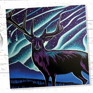 Linolschnitt Hirsch Karte Nordlichter Winter Landschaft Nachthimmel Illustration Verschneit Schnee Szene Grüße Für Familie Freunde Weihnachten 2025 Danke