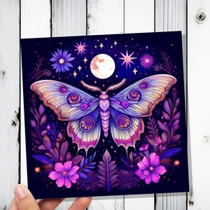 Mystische Mond Motte Karte Himmlischen Mond Geburtstag Stationäre Kunst Lila Tarot Goth Goblincore Whimsigoth Cottagecore Witchcore Pagan Witchy