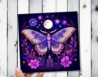 Mystical Moon Moth Card Celestial Lunar Birthday Stationary Art Purple Tarot Goth Goblincore Whimsigoth Cottagecore Witchcore Pagan Witchy