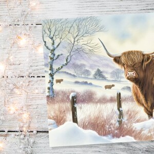 Aquarell Highland Kuh Schottische Highlands Winter Schneeszene Verschneite Landschaft Gemälde Bauernhof Karten Für Familie Freunde Weihnachten 2025 Danke