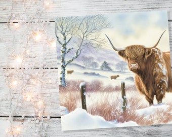 Watercolour Highland Cow Cards Scottish Highlands Winter Snow Scene Snowy Scenery Painting Farm Cards For Family Friends Xmas 2025 Thank You