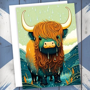 Funny Highland Cow Scottish Weather Greeting Card for Scottish Friends and Cow Lovers Shaggy Highland Coo Birthdays or Any Occasion