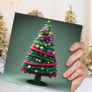 Carte de sapin de Noël pour tricoteurs Tricoté à tricoter Crocheters avec fil de laine Artisans de laine Artisanat insolite d'arbres Cartes de Noël pour les amis de la famille 2025
