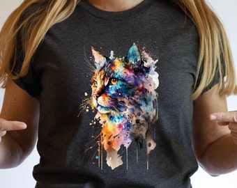 Watercolour Abstract Cat T-Shirt Whimsical Loose Painting Crazy Cat Lady Cats Lovers Gift Rainbow Colourful Art Artists Tee Softstyle Shirt