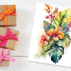 Tarjeta de cumpleaños hawaiana, tarjetas de felicitación tropicales de Hawái, flor de hibisco, hojas de monstera, arreglos florales, notas florales, mejores amigas