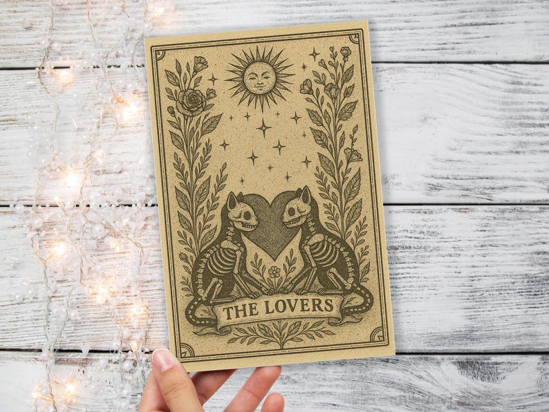 May include: A tan tarot card featuring a sun with a smiling face, stars, and floral elements. Two skeleton cats face each other, with a heart between them. The text "THE LOVERS" is at the bottom.