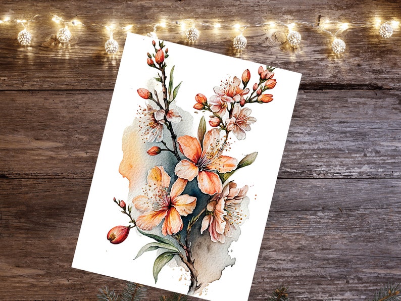 Peach Flowers Card Blush Floral Thank You Greeting Cards Sakura Cherry ...