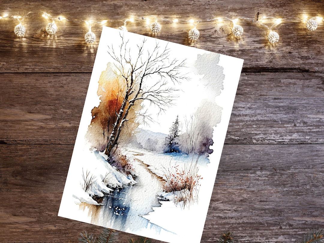 Winter Landscape Card Snowy Icy River Scene Watercolour Painting Ice ...