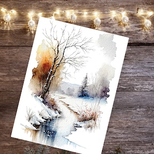 Carte de paysage d'hiver Scène de rivière glacée enneigée Peinture à l'aquarelle Glace Neige Paysage pays des merveilles Art Arbres Nature Merci Cartes de voeux vierges