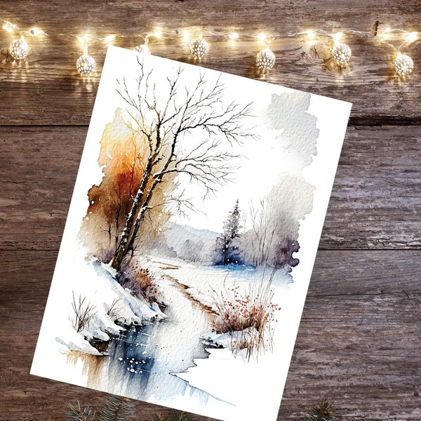 Carte de paysage d'hiver Scène de rivière glacée enneigée Peinture à l'aquarelle Glace Neige Paysage pays des merveilles Art Arbres Nature Merci Cartes de voeux vierges