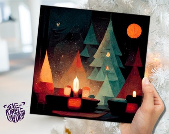 Abstract Christmas Trees Card with Warm Candle Lights Red Green Painting Unique Whimsical Forest Warm Greetings For Family Friends Xmas 2023