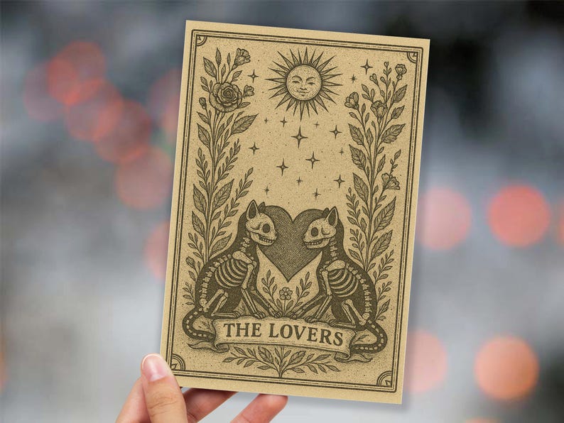 May include: A tan-colored tarot card featuring a sun with a smiling face, stars, and floral accents. Two skeleton cats face each other, with a heart between them. The banner at the bottom reads "THE LOVERS."