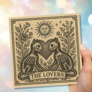 Lovers Tarot Skeleton Cat Card | Gothic Witchy Anniversary Valentine Gift | Dark Romance Art | Unique Macabre Love Illustration Witchcore image 9