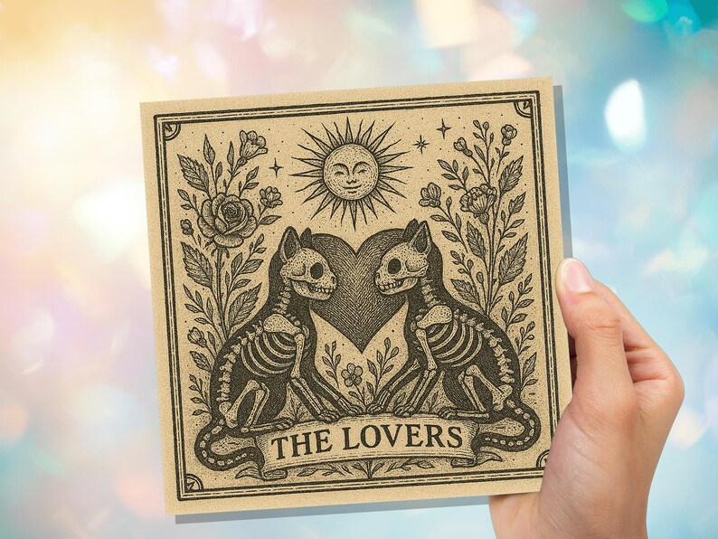 Lovers Tarot Skeleton Cat Card | Gothic Witchy Anniversary Valentine Gift | Dark Romance Art | Unique Macabre Love Illustration Witchcore image 9