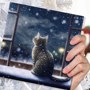 Cat Christmas Card Cute Kitten Watching Snow Fall Tabby Snowy Window Winter Night Scene Falling Whimsical Greetings Family Friends Xmas 2023 image 7