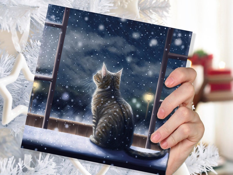 Cat Christmas Card Cute Kitten Watching Snow Fall Tabby Snowy Window Winter Night Scene Falling Whimsical Greetings Family Friends Xmas 2023 image 7