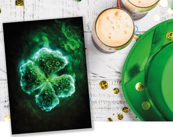 Glowing Green Four Leafed Clover Shamrock Mystical St. Patrick's Day Irish Ireland Celtic Themed Good Luck Greeting Cards Family & Friends