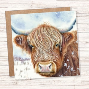 Highland Kuh Grußkarte Scottish Highlands Aquarell Winter Schneeszene Schneelandschaft Malerei COO Karten für Familie Freunde Weihnachten 23