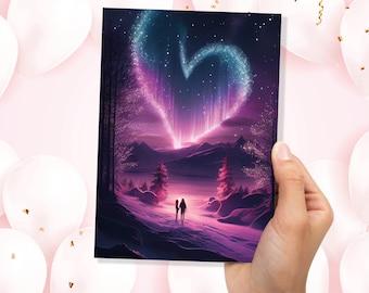 Romantic Northern Lights Heart Greeting Card for Valentines Day Anniversary Wedding Marriage Night Sky Stars Magical Couple in Love Scene