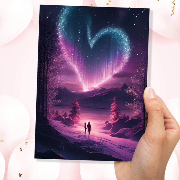 Romantico biglietto d'auguri a forma di cuore per l'aurora boreale per San Valentino, anniversario, matrimonio, matrimonio, cielo notturno, stelle, coppia magica in una scena d'amore