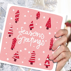 Rode dennen kerstkaart Wenskaarten illustratie handgetekende tekening voor vrienden en familie 1, 5 of 10 set bulk kerstboom roze