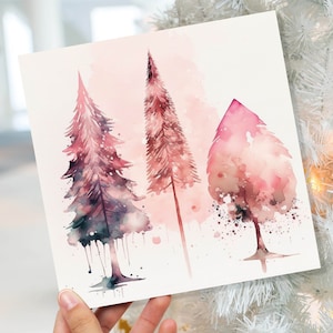 Tarjeta de Navidad con acuarela de árboles, hermosas salpicaduras de pintura rosa desordenada, modernas y elegantes tarjetas de felicitación de abeto para familiares y amigos en Navidad 2025.