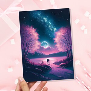 Couples au clair de lune Horizon sous la galaxie Carte de voeux Romantique pour couple, femme, petite amie, chérie, chéri, anniversaire, mois