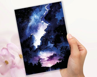 Watercolour Night Sky Card Blue Purple Starry Sunset Galaxy Stars Clouds Sunrise Thanks Space Themed Birthday Cards Notes Notelets Greetings