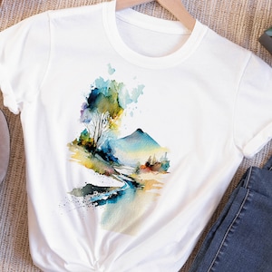 Watercolour Graphic Tee Abstract Volcano Shirt Mystical Landscape River Scene Wilderness Mountain Painting T-Shirt Gift for her Women Tshirt
