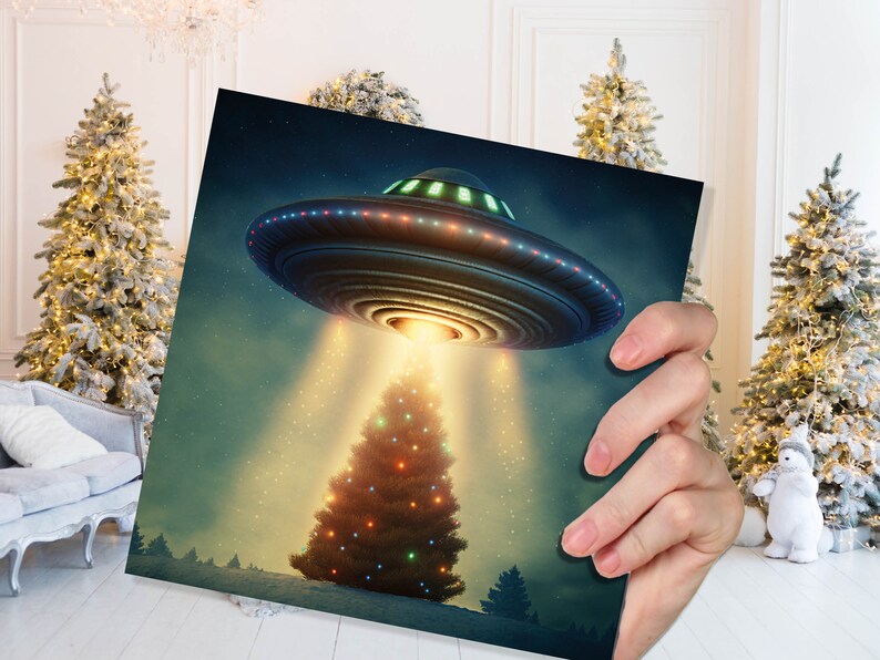 Alien Christmas Card Funny UFO Spaceman Spaceship Christmas Tree ...