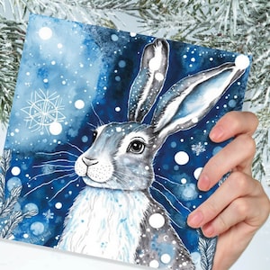 Winterhaas mooie wenskaarten blauwe aquarel sneeuwscène sneeuwkonijn natuur landschap kaarten voor familie vrienden Kerstmis 2025 bedankt