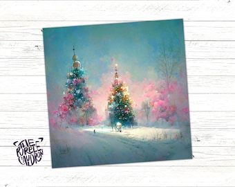 Biglietto di auguri natalizio dai colori pastello. Graziosa scena innevata nei toni del rosa e del blu con alberi di Natale. Auguri impressionisti per famiglia e amici. Natale 2026.