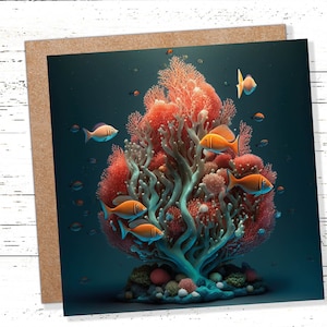 Cartão de árvore de Natal do oceano Cena de coral subaquático Água Azul e Laranja Vida marinha Nadar Peixes Cartões de felicitações exclusivos para família Amigos Natal 2025